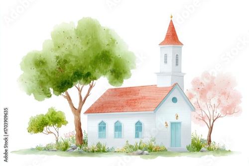 Watercolor church illustration with red roof and spring trees