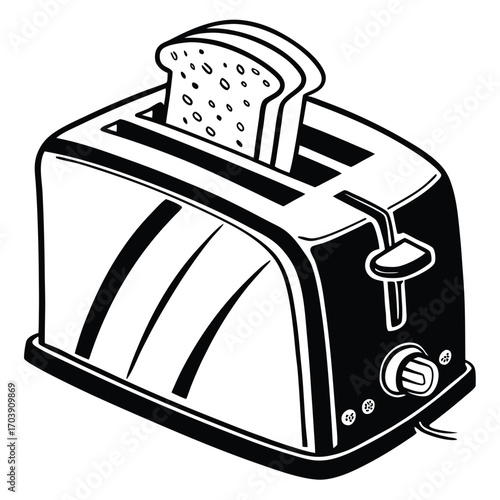 Monochrome Toaster Illustration with Bread Slices Depicting Kitchen Appliance and Food Preparation, Outlined Design Style