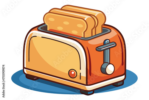 Colorful Cartoon Toaster Illustration Depicting a Retro Style Appliance with a Mix of Blue, Beige, and Orange Accents