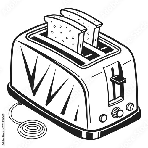 Monochrome Toaster Illustration with Bread Slices Depicting Kitchen Appliance and Food Preparation, Outlined Design Style