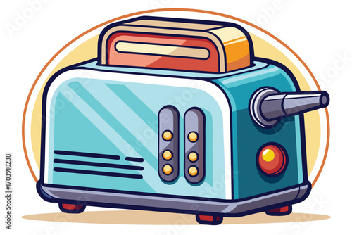 Colorful Cartoon Toaster Illustration Depicting a Retro Style Appliance with a Mix of Blue, Beige, and Orange Accents