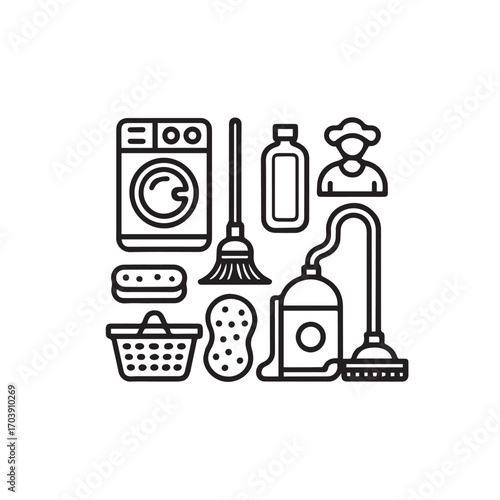 Black and White House Cleaning Solid Icon Set