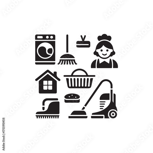 Black and White House Cleaning Solid Icon Set