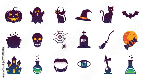 Set of Colorful Halloween Icons, Silhouette Pumpkins, Ghosts, Bats, and Spooky Symbols on White Background, Festive Vector Illustration Pack