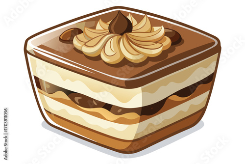 Delicious Isometric Tiramisu Dessert with Coffee Flavors and Cocoa Powder, a Sweet Italian Treat, Served in a Square Glass