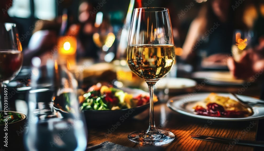 Obraz premium A close-up shows a glass of white wine sitting on a wooden table among plates of food, with blurred people in the background