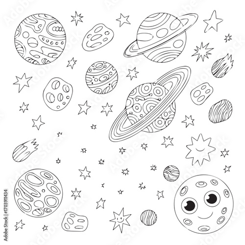 Cute Hand-Drawn Space Elements and Planets Doodle Set