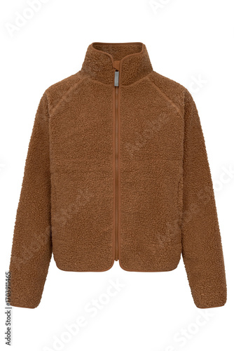 Brown teddy fleece jacket with zipper front view on white background