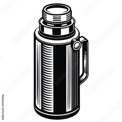 Monochrome Vector Illustration of a Vintage Thermos Flask Perfect for Camping and Outdoor Adventures Highlighting its Classic Design