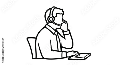 Customer service representative operating a computer and wearing a headset