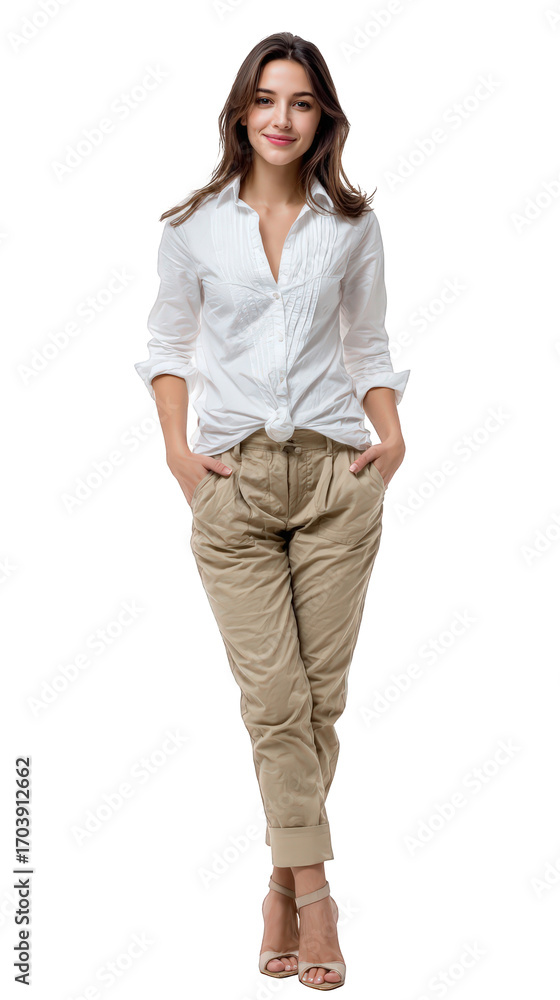 Fototapeta premium Confident smiling woman in a white knotted shirt and beige trousers posing with hands in pockets.