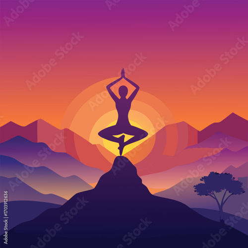 Yoga Pose Silhouette Woman at Sunset Mountains