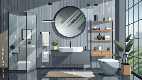 Contemporary bathroom with soft gray tones, wall-mounted vanity, round mirror, and rainfall shower, highlighting understated elegance and modern comfort.