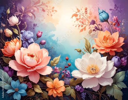Floral art depicting a profusion of detailed blooms in various shades of pink, orange, and blue, set against a backdrop of soft gradients and abstract watercolor washes