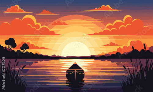 A serene lake scene featuring a boat silhouette at sunset with orange clouds and reflections in water