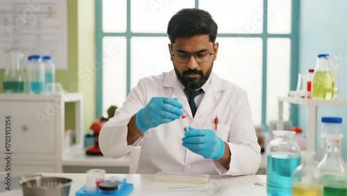 Indian lab assistant examining liquid samples in research facility