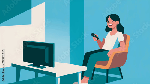 illustration of a young woman relaxing in the living room while watching TV vector design template