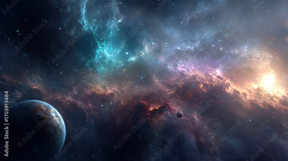 Fototapeta premium Colorful cosmic scene showcases swirling nebulae in shades of blue and purple. Planets and distant stars are visible in this vast outer space landscape, creating a sense of wonder.