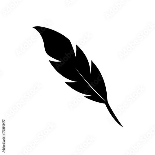 A single black feather art on transparent background silhouette