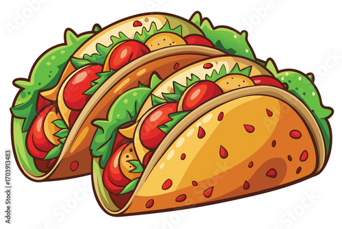 Whimsical Cartoon Tacos Stacked Together with Colorful Fillings and Detailed Textures Creating a Playful and Delicious Food Illustration