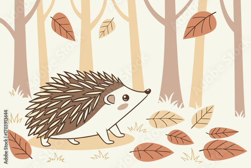 Cute hedgehog surrounded by falling autumn leaves in a flat design style