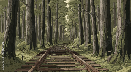 Forgotten train tracks disappearing into a dense, mysterious woodland, a scenic path reclaimed by nature's growth