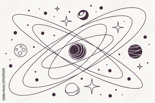 Minimalist cosmic galaxy mandala line art design