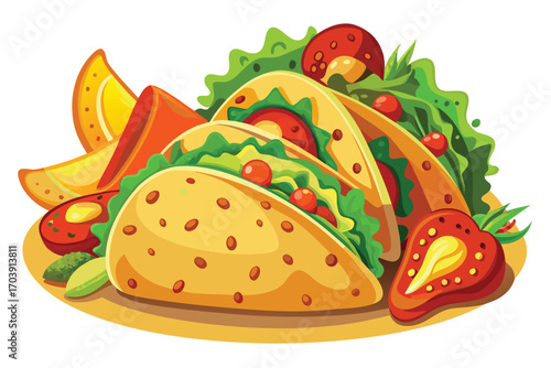 Whimsical Cartoon Tacos Stacked Together with Colorful Fillings and Detailed Textures Creating a Playful and Delicious Food Illustration