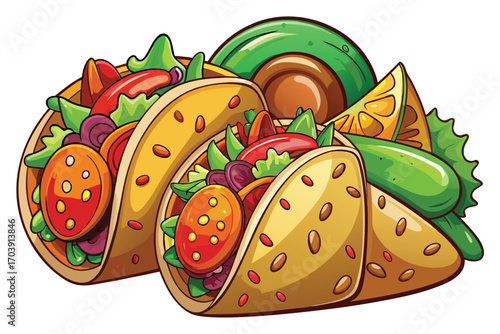 Whimsical Cartoon Tacos Stacked Together with Colorful Fillings and Detailed Textures Creating a Playful and Delicious Food Illustration