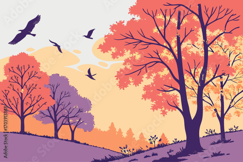 Silhouette of birds flying over autumn trees during sunset