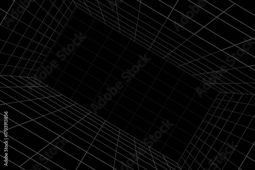 Futuristic perspective grid box. Abstract wireframe with white grid line on black background. Virtual reality landscape in 80s 90s digital style. Vector