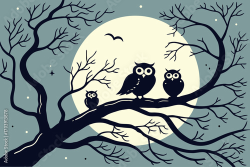 Silhouette of owls perched on moonlit branches