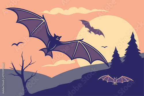 Silhouettes of flying bats against a vibrant gradient dusk sky