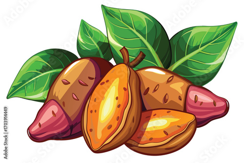 Vibrant Sweet Potato Still Life Artwork Featuring Whole and Halved Potatoes with Fresh Green Leaves for a Natural Aesthetic