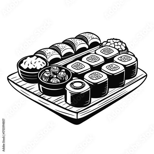 Monochrome Illustration of Assorted Sushi Rolls on a Bamboo Tray Depicting Japanese Cuisine Presentation