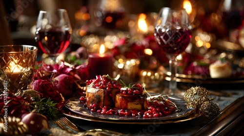 Roast chicken with vegetables and wine on a festive table setting, surrounded by candlelight and Christmas decor, perfect for holiday menus, seasonal ads