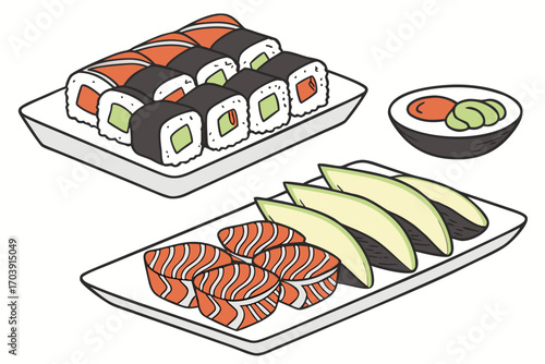 Isometric Sushi Platter Assortment featuring Nigiri Sushi, Maki Sushi, and Soy Sauce alongside Decorative Greenery served on a Dark Rectangular Tray