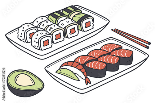Isometric Sushi Platter Assortment featuring Nigiri Sushi, Maki Sushi, and Soy Sauce alongside Decorative Greenery served on a Dark Rectangular Tray