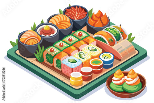 Isometric Sushi Platter Assortment featuring Nigiri Sushi, Maki Sushi, and Soy Sauce alongside Decorative Greenery served on a Dark Rectangular Tray
