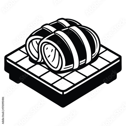 Monochrome Illustration of Assorted Sushi Rolls on a Bamboo Tray Depicting Japanese Cuisine Presentation