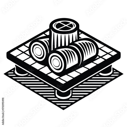 Monochrome Illustration of Assorted Sushi Rolls on a Bamboo Tray Depicting Japanese Cuisine Presentation