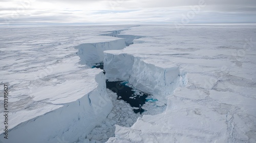 A vast Antarctic glacier with a massive, geometric blue void in the ice, under a troubled, melancholic sky.