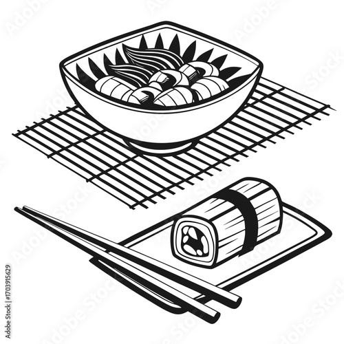 Monochrome Illustration of Assorted Sushi Rolls on a Bamboo Tray Depicting Japanese Cuisine Presentation