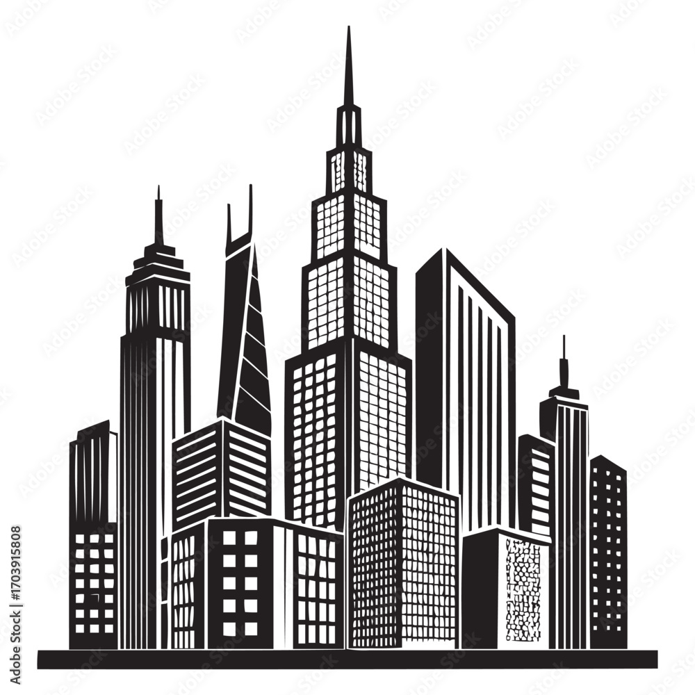 Obraz premium Modern City Skyline Vector Illustration | Black and White Skyscraper Silhouette