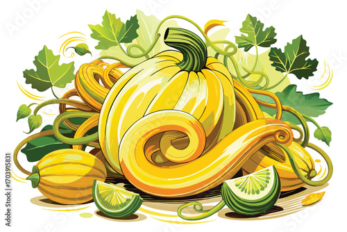 Abundant Harvest of Yellow Pumpkins and Squashes Displaying Nature's Bounty and Artistic Flair in a Cheerful Composition