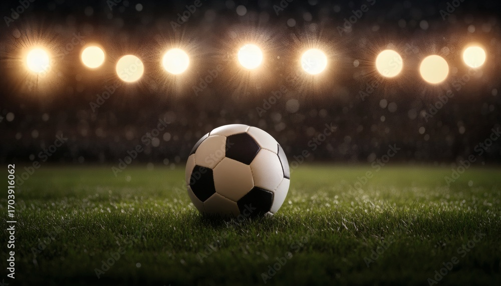 Fototapeta premium A black and white soccer ball rests on a green grass field at night, illuminated by bright stadium lights in the background.
