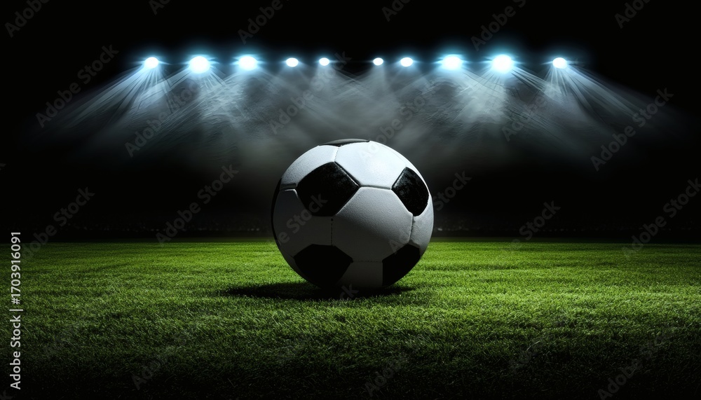 Fototapeta premium A black and white soccer ball rests on a dark green grass field, brightly lit by several stadium lights in the background.