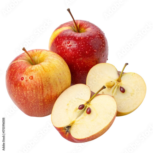 Two whole red apples and two apple slices isolated on white background
