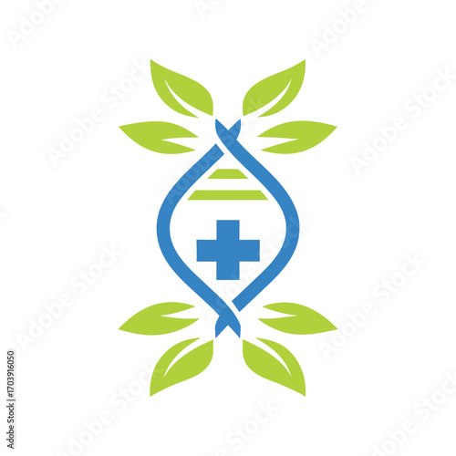 Blue D N A helix with green leaves and medical cross double strand