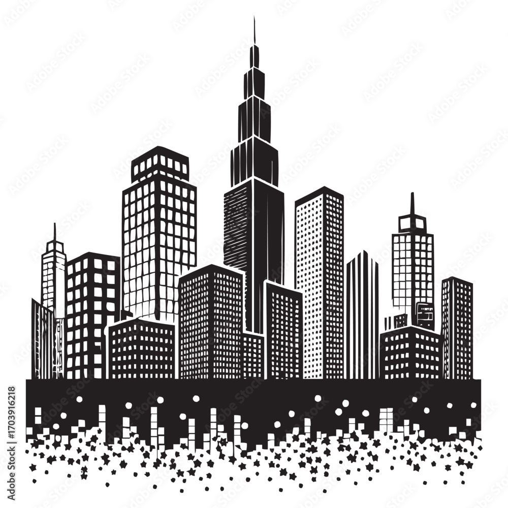 Fototapeta premium City Skyline Vector Illustration | Black and White Skyscraper Silhouette